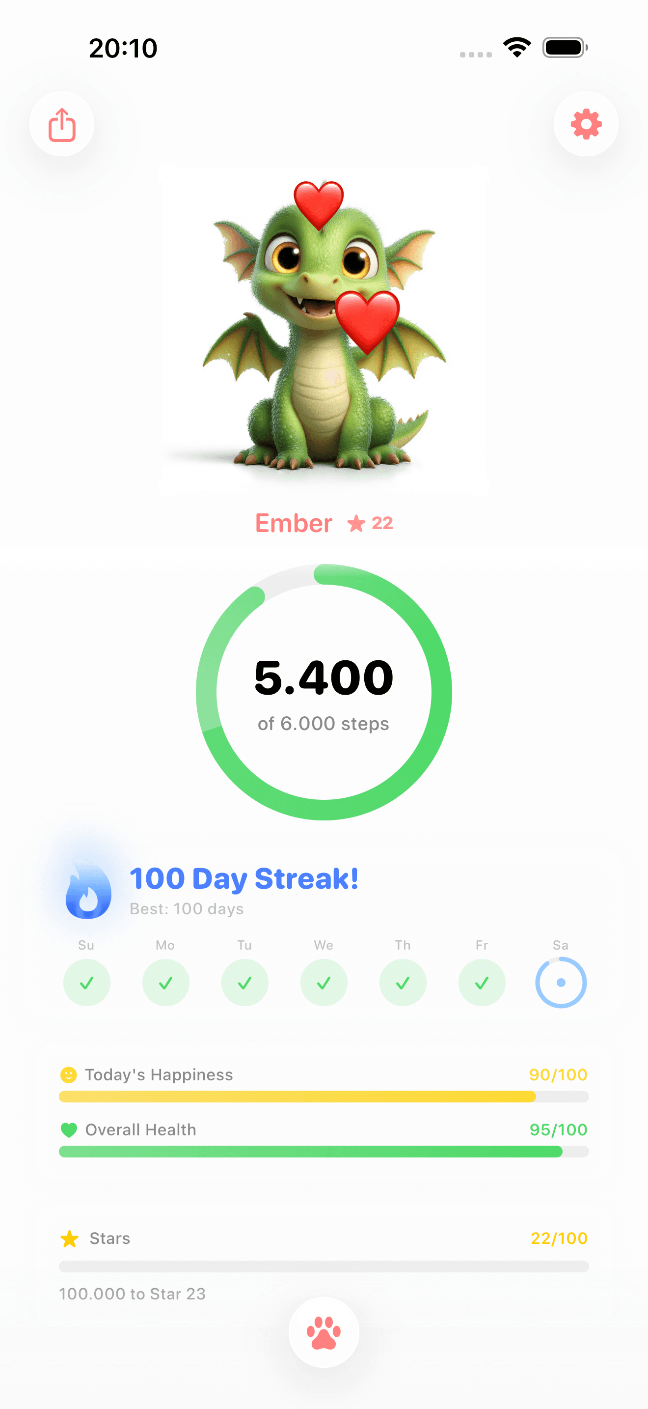 Pawcer app showing a 100-day streak with Ember the dragon